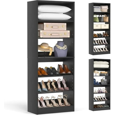 Homieasy Closet System, 25 Inch Freestanding Closet Shoe Organizer, Standalone Wood Shoe Shelves, Heavy Duty Walk in Closet Tower for Bedroom, Mudroom and Entryway, Black