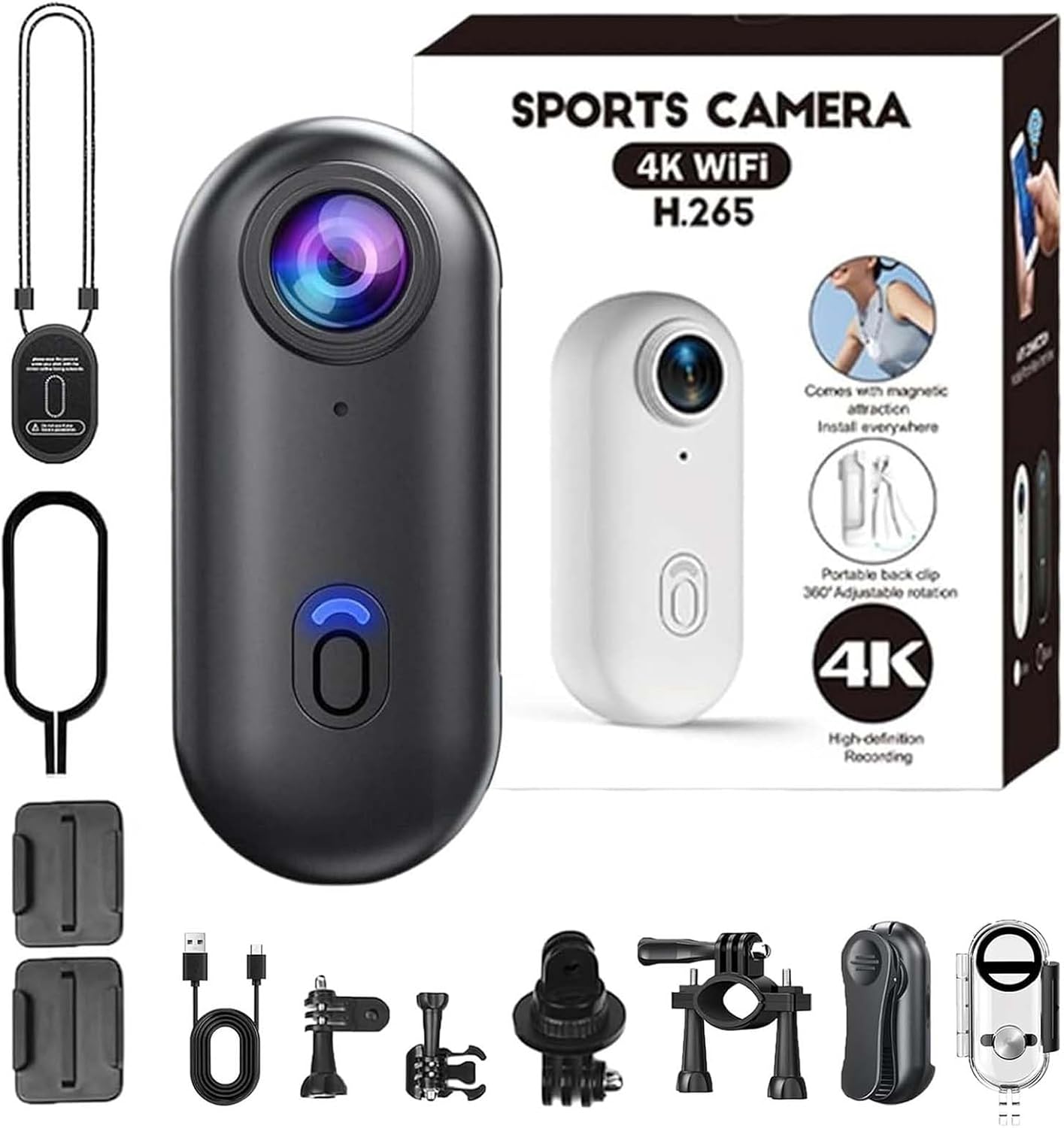 Caméra D'action Skypro 4K - Mini Caméra POV étanche, Clip Magnétique Et Fixation 360° - Pour Vélo, Moto, Sports Et Voyages (Blanc)