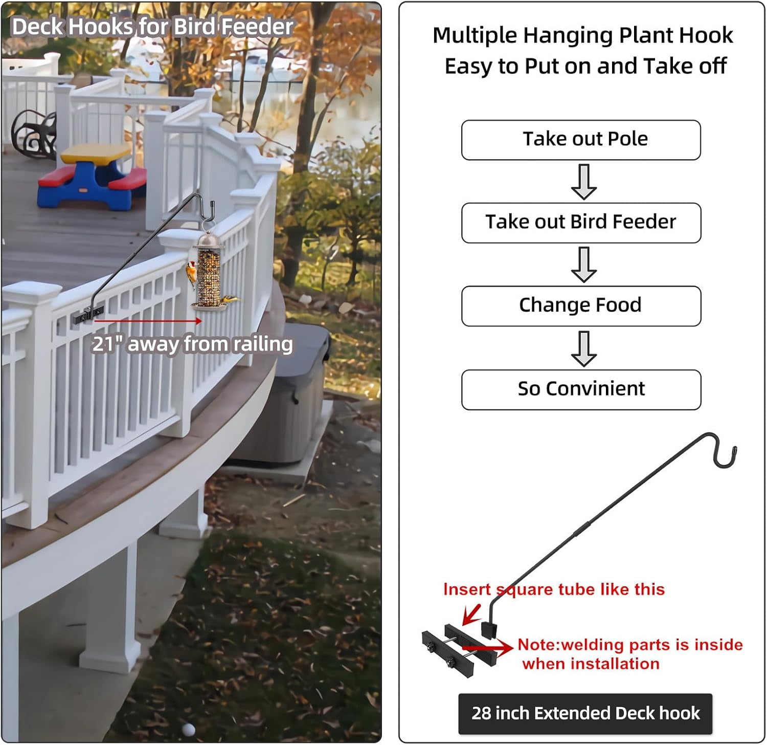 Deck Hook Railing Mount - Heavy Duty Metal Shepherds Bracket for Outdoor Plant Hanger, Bird Feeder Hooks, Flower Baskets, Lanterns 360° Rotating Pole, Extended Arm