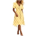 thumbnail image 2 of Uscallm Women Plus Size V Neck Short Sleeve Tie Polka Dot Boho Casual Midi Wrap Dress A-Line Beach Vacation Dresses, Beige S, 2 of 7