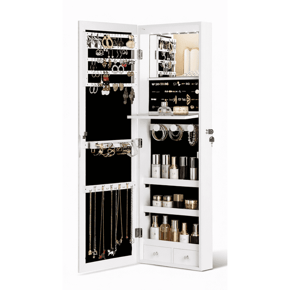 Over the Door Jewelry Organizer with Full-Length Mirror, Wall Mounted Jewelry Cabinet with LED Lights and Lock