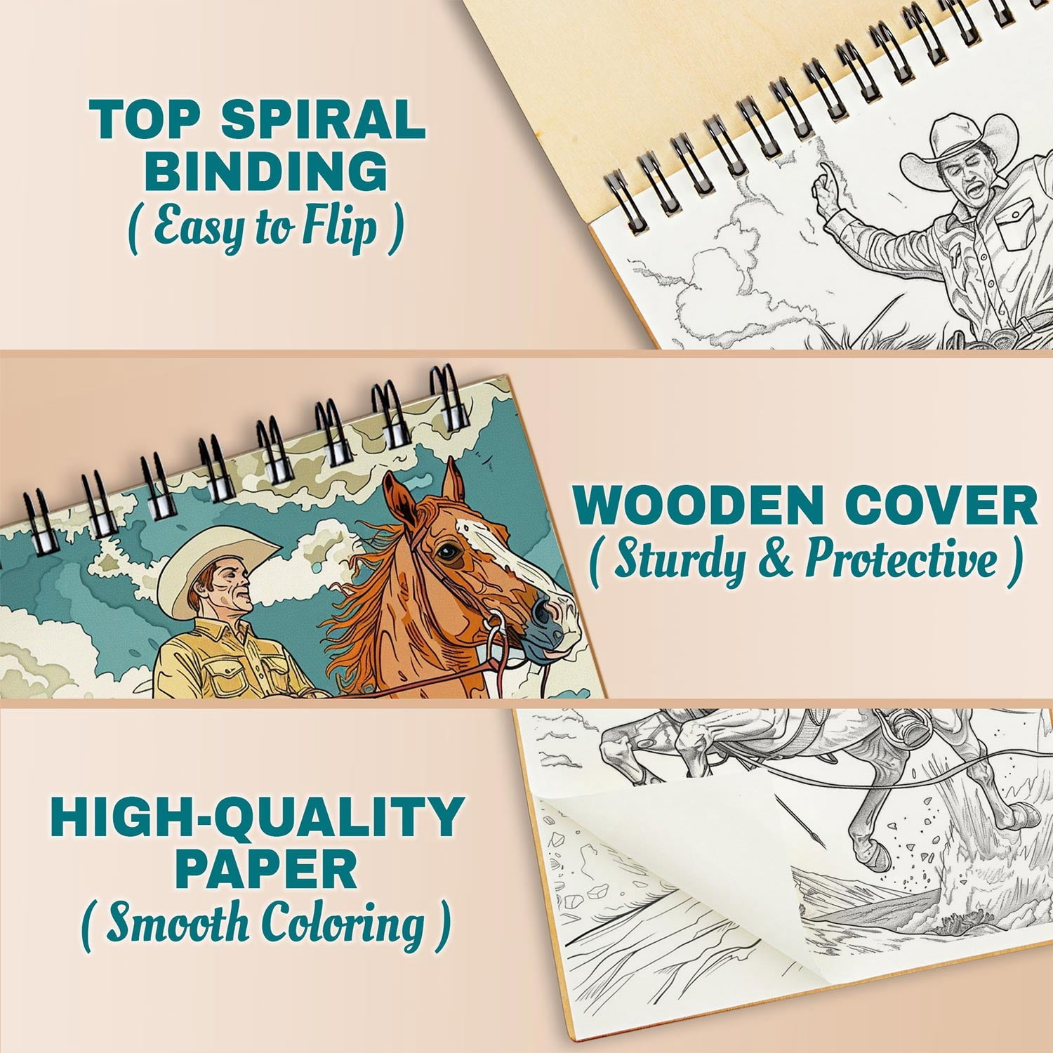 Netecom Wild Rodeo Coloring Book for Adults, A5 Wooden Cover, Spiral Bound, 30 Wild West Coloring Pages of Cowboy Rodeo Adventure for Stress Relief and Relaxation