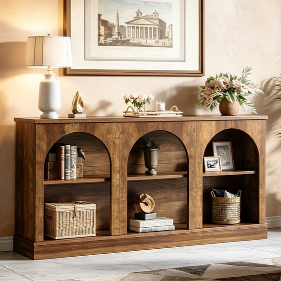 Fnova 63" Farmhouse Console Table, Wooden Entryway Table with 3-Tier Storage, Rectangular Sofa Table for Entrance, Hallway, Living Room, Behind Couch