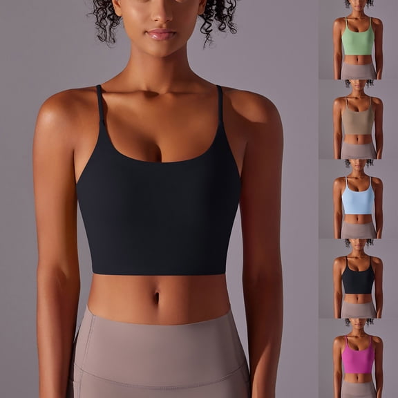 AGWOLF Sports Bra for Women Seamless Workout Crop Tank Tops with Build in Bra High Impact Wirefree Longline Athletic Bra Square Neck Spaghetti Strap Yoga Tank Black XL