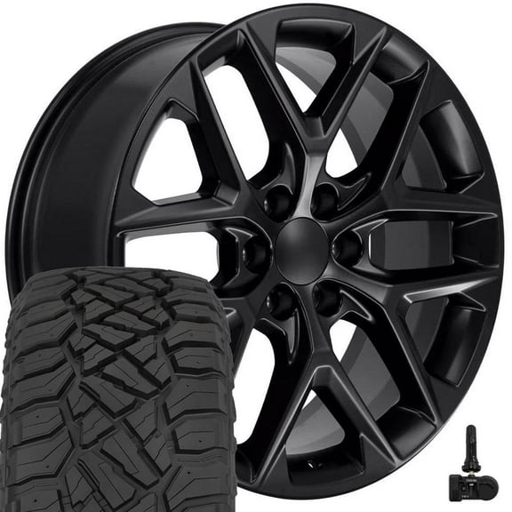 OE Wheels CV62 22 Inch Rims and Tires Fit Silverado 1500 Style 6x139.7 22x9 Satin Black - Hollander 14078 - TerraMax RT 285/45-22 (Set of 4)