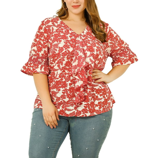 Agnes Orinda Womens Plus Size Work V Neck Ruffle Smocked Sleeves Solid