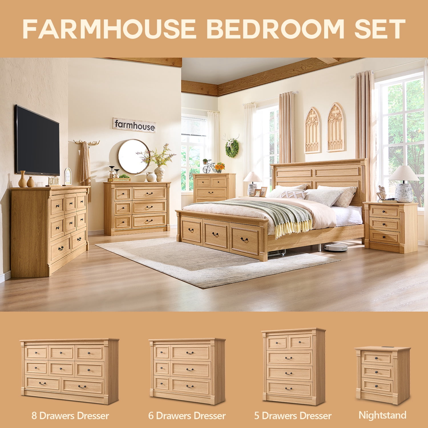 wow97e Farmhouse 6 Drawers Dresser for Bedroom, 48" Wide Wooden Chest of Drawers w/Roman Column, Storage Dressers for Hallway, Living Room