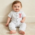 thumbnail image 6 of mgoYE 2Pcs Toddler Baby Boy Summer Baseball Outfit Set 3-6 Months Short Sleeve Baseball Button T-Shirt Top and Striped Pants Clothes White, 6 of 6