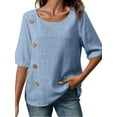 thumbnail image 2 of Women'S Round Neck Short Sleeve Cotton and Linen Button Fashion Casual Top Loose Formal Work T-Shirt Light Blue S, 2 of 7