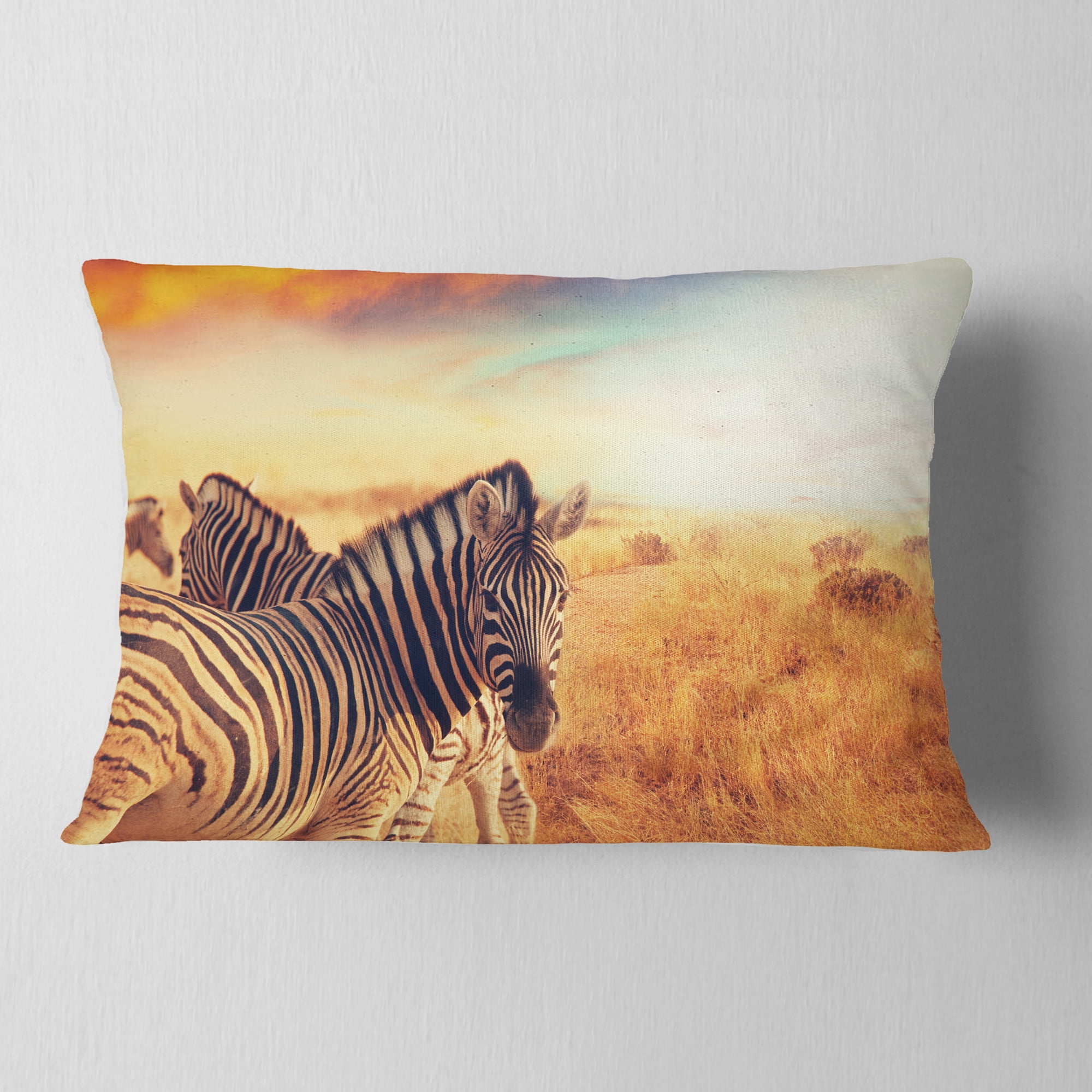 Designart Zebras Herd in Field At Sunset - African Throw Pillow - 12x20