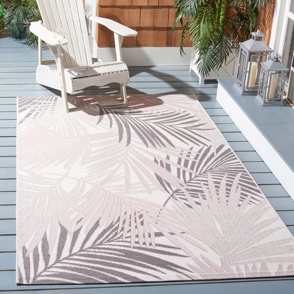 SAFAVIEH Courtyard Jenae Botanical Indoor/Outdoor Area Rug, Ivory/Pink, 4’ X 5’7”