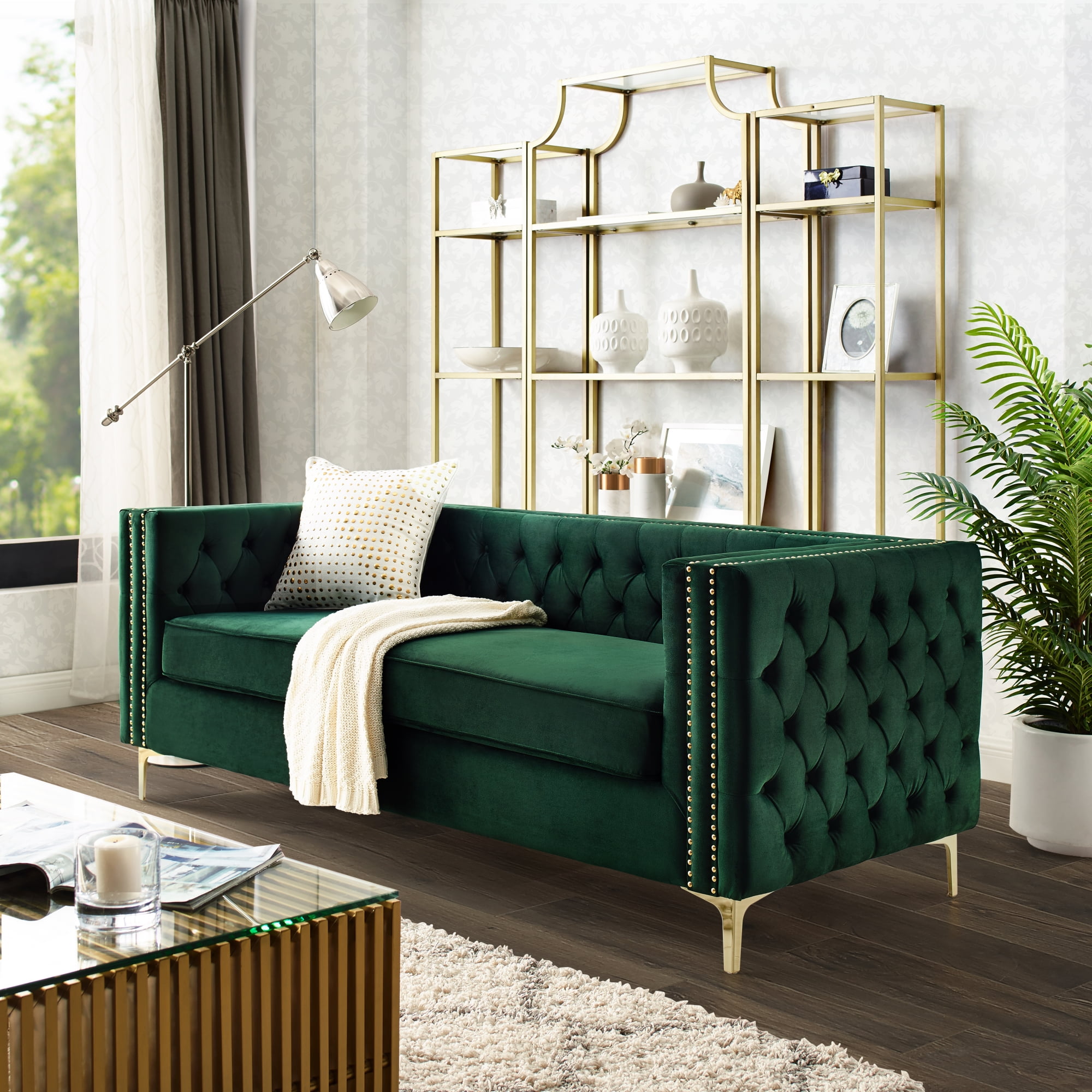 Inspired Home Sania Velvet Sofa 3Seat Nailhead Trim Gold