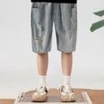 thumbnail image 3 of Krdevn Boys Retro Washed Denim Shorts, Casual Elastic Waist Loose Fit Summer Cargo Jeans,Khaki,4-5 Years, 3 of 8