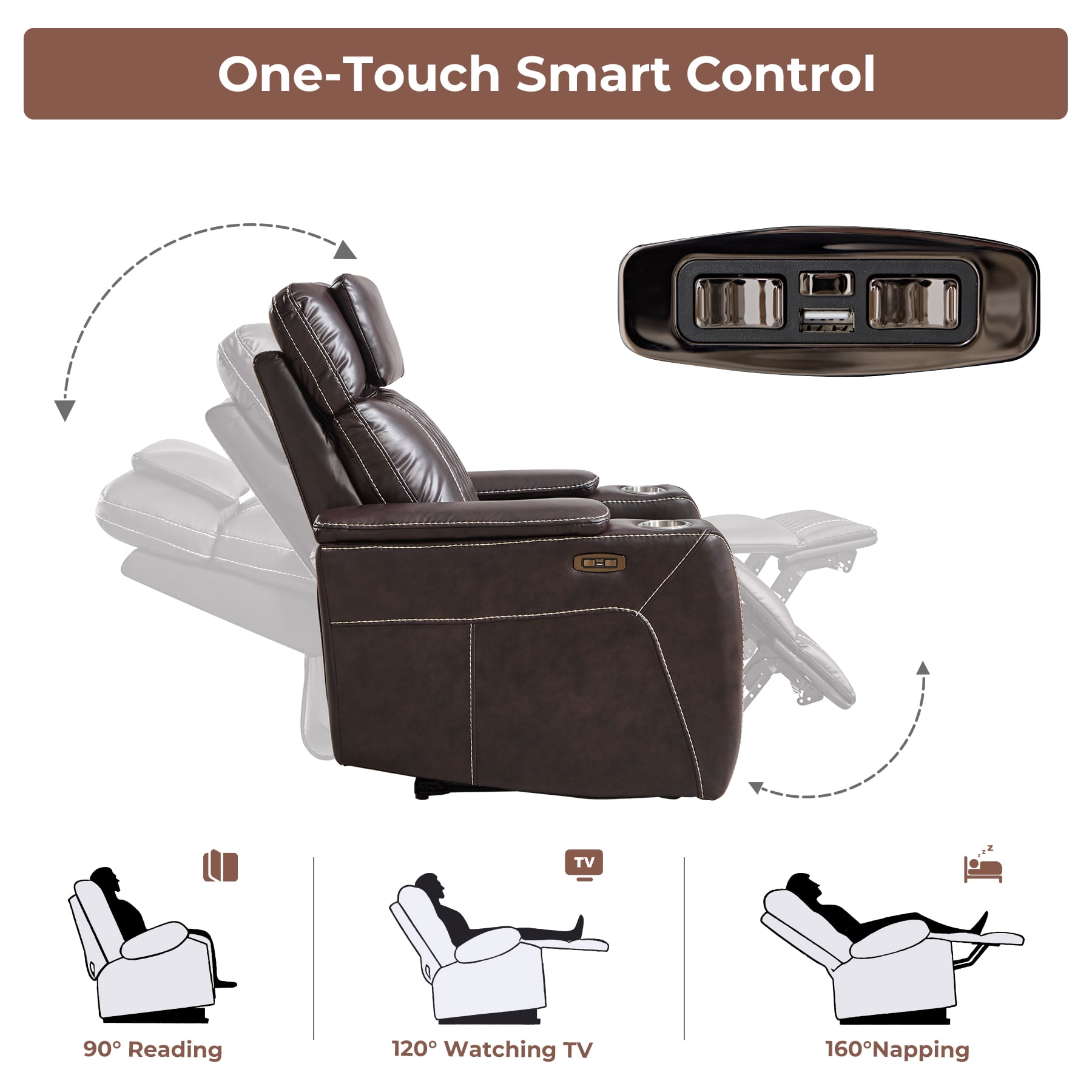 Ebello Dual Motor Power Recliner Chair, Faux Leather Electric Reclining Chair with LED Light Strip, USB Port, Cup Holders & Hidden Storage, Oversized Headrest for Home Theater, Brown