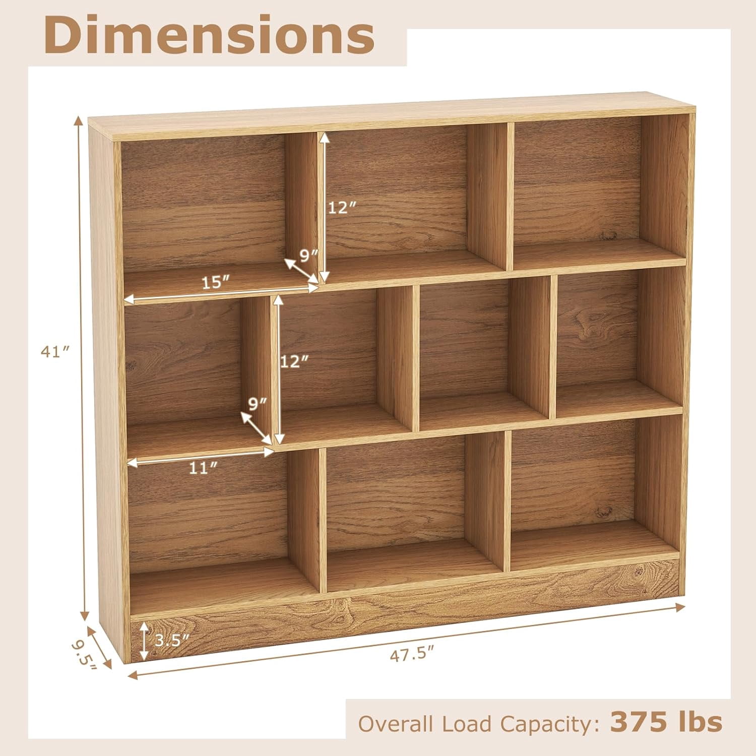 HJTER 10-Cube Bookshelf, 47.5”L Floor Bookcase with 2 Anti-Tipping Kits, Freestanding Storage Organizer, 4-Tier Display Shelf for Home, Office & Dorms (Natural, 10-Cube)