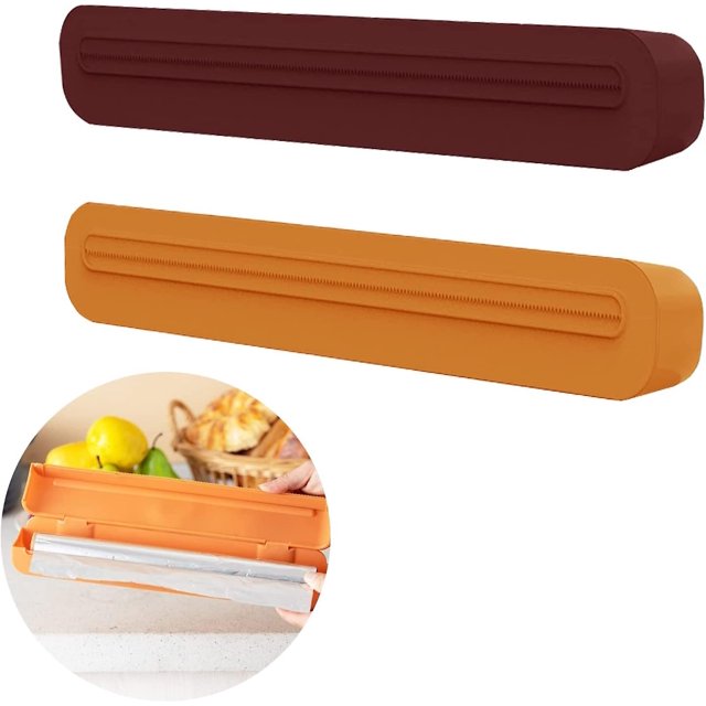 Cortador de film transparente, dispensador de film transparente de 2 piezas, dispensador de film transparente para cocina casera, restaurante (naranja/púrpura), morado, naranja, 34*5*3 cm