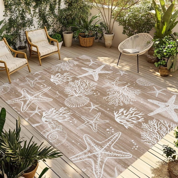 Brown Coastal Outdoor Rug for Patio/Deck/Porch, Non-Slip Large Area Rug 5 x 7 Ft, Summer Beach Nautical Starfish Coral Vintage Indoor Outdoor Rugs Washable Area Rugs, Camping Rug Carpet Runner