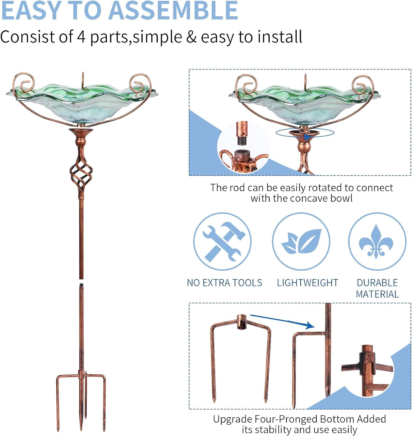 31 Inch Height Glass Bird Bath with Metal Stake Garden Yard Outdoor birdbaths, Green