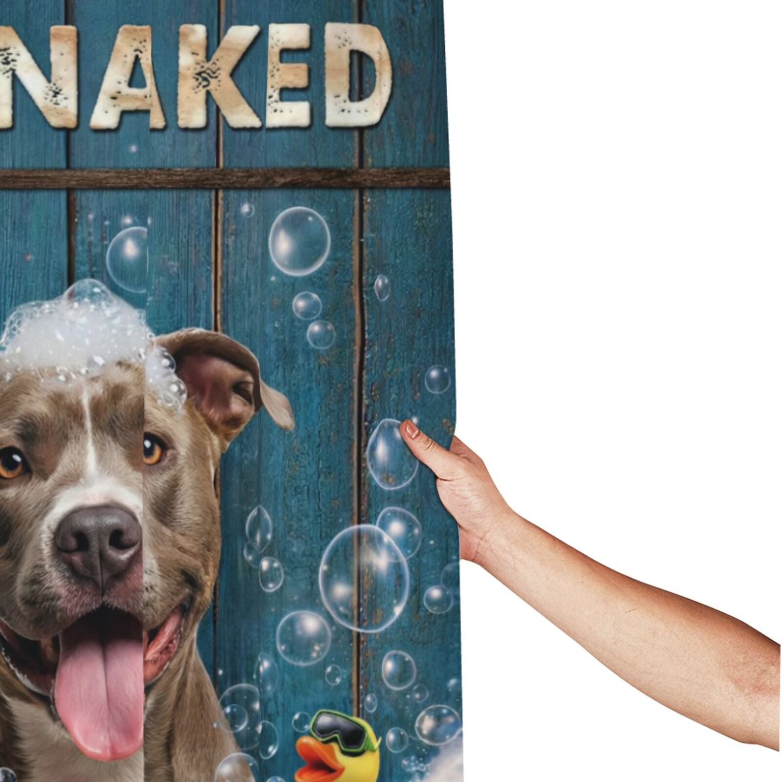 Funny American Pit Bull Terrier Shower Curtain with Hooks - Get Naked Humorous Bath Decor, Waterproof Fabric, Cute Dog in Bubbles with Duck, Funny Bathroom Accessory for Dog Lovers - 60"x72"