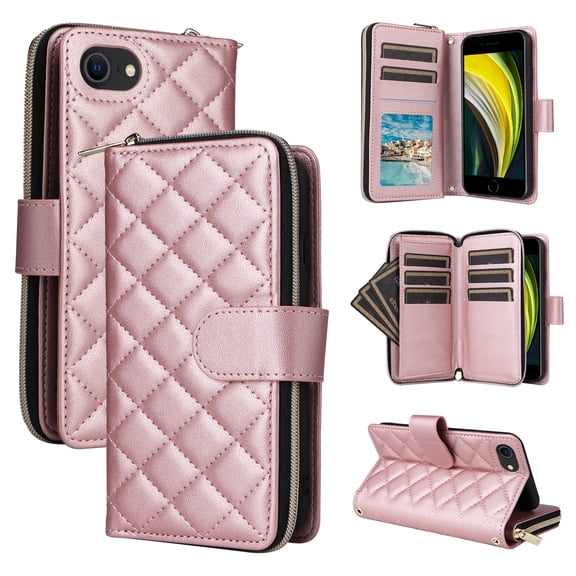for iPhone 7 / iPhone 8 / iPhone SE 2022 & 2020 Wallet Case, Multi-Functional Zipper Purse Case, with Flip Stand Card Holder PU Leather Cover with Lanyard & Wrist Strap, Rosegold