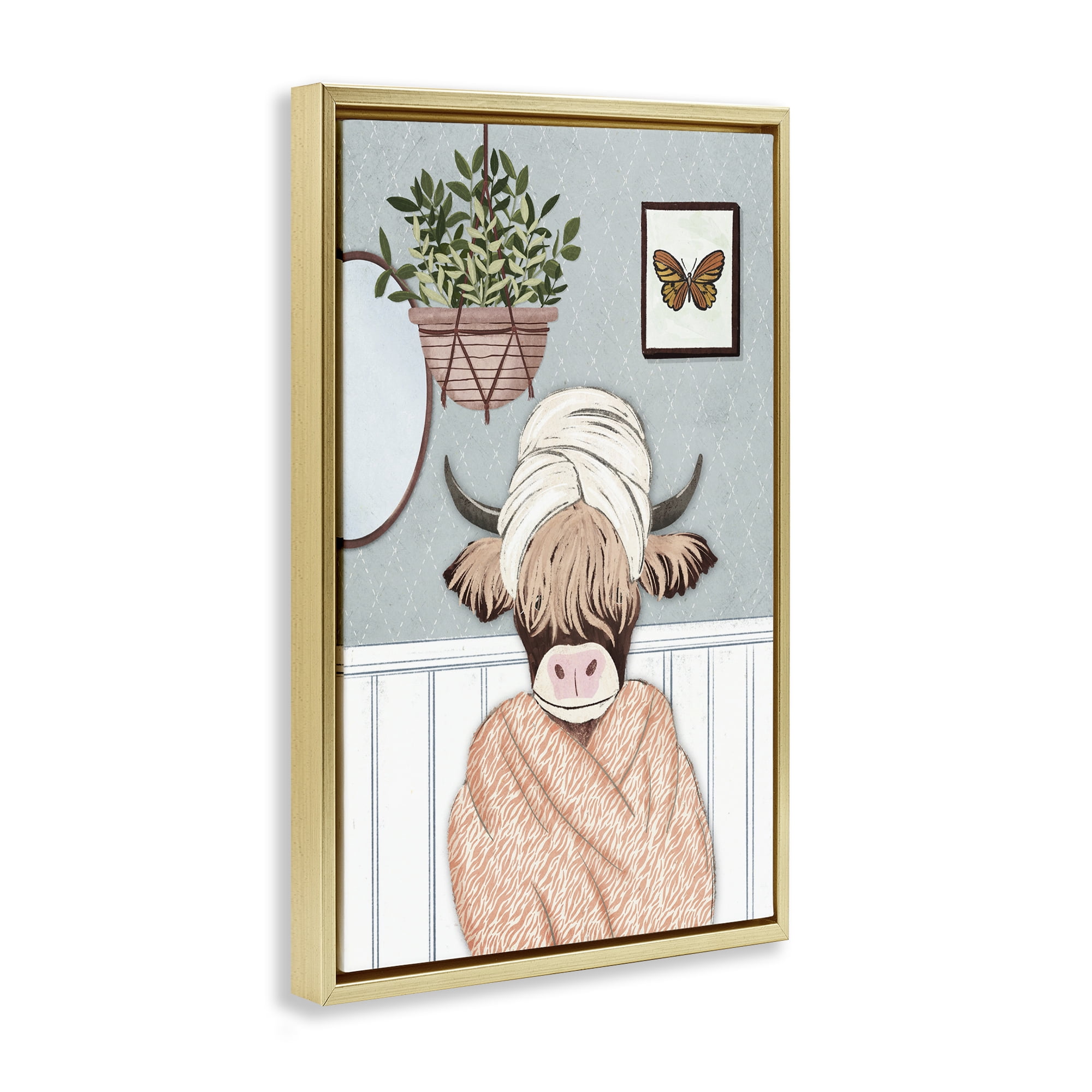 Stupell Industries Highland Cow Bathrobe Typography Painting Gold Floater Framed Canvas Art Print Wall Art, 21 x 31