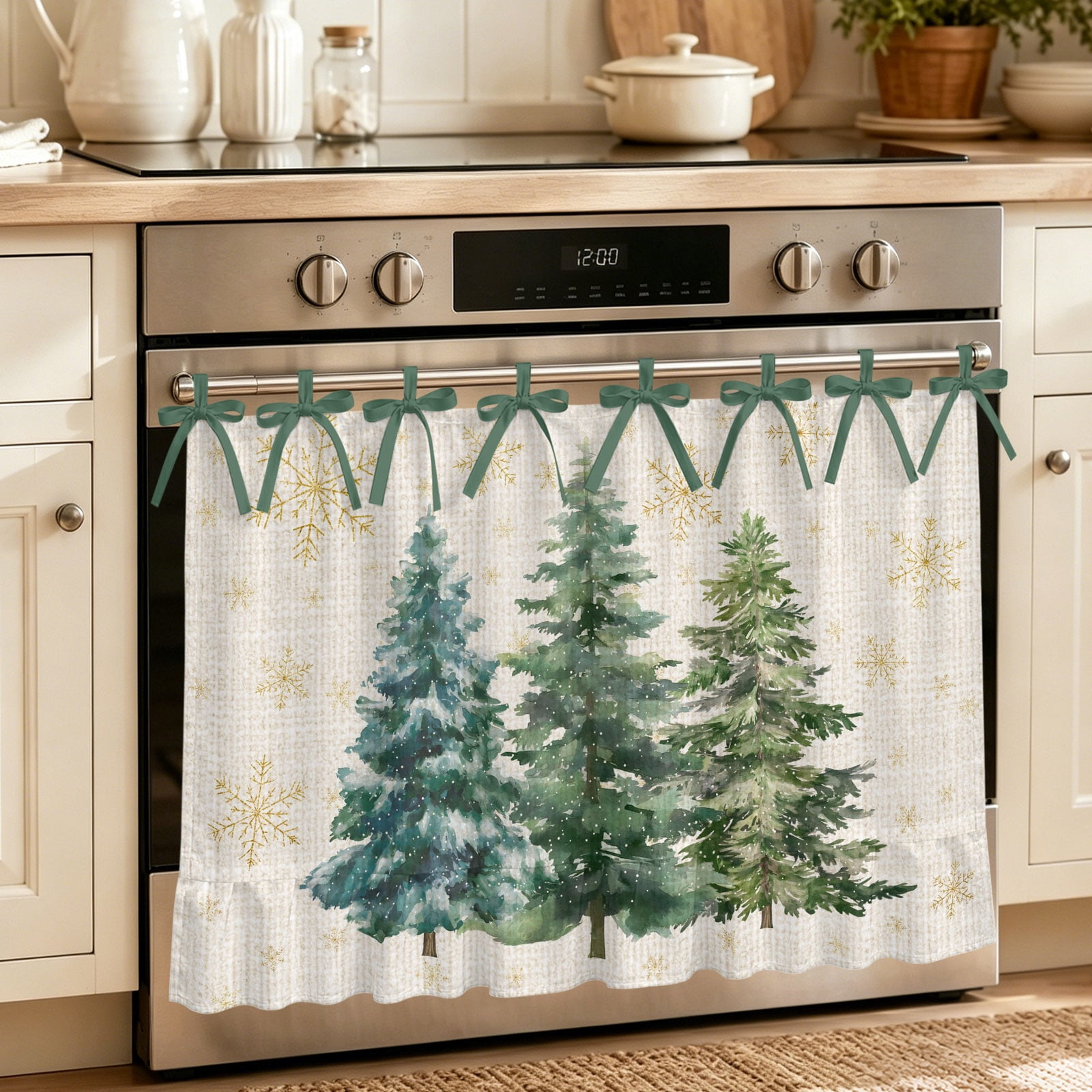 Oven Curtain for Kitchen Winter Green Christmas Tree on Linen Stove Curtain With Ruffled Trim Dishwasher Curtains Gold Snowflake Oven Skirt 32 x24