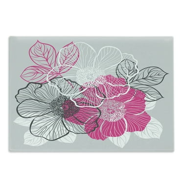 Grey Cutting Board, Abstract Blossoming Peonies Romantic Spring Bridal Bouquet Feminine Corsage, Decorative Tempered Glass Cutting and Serving Board, Large Size, Grey Magenta White, by Ambesonne