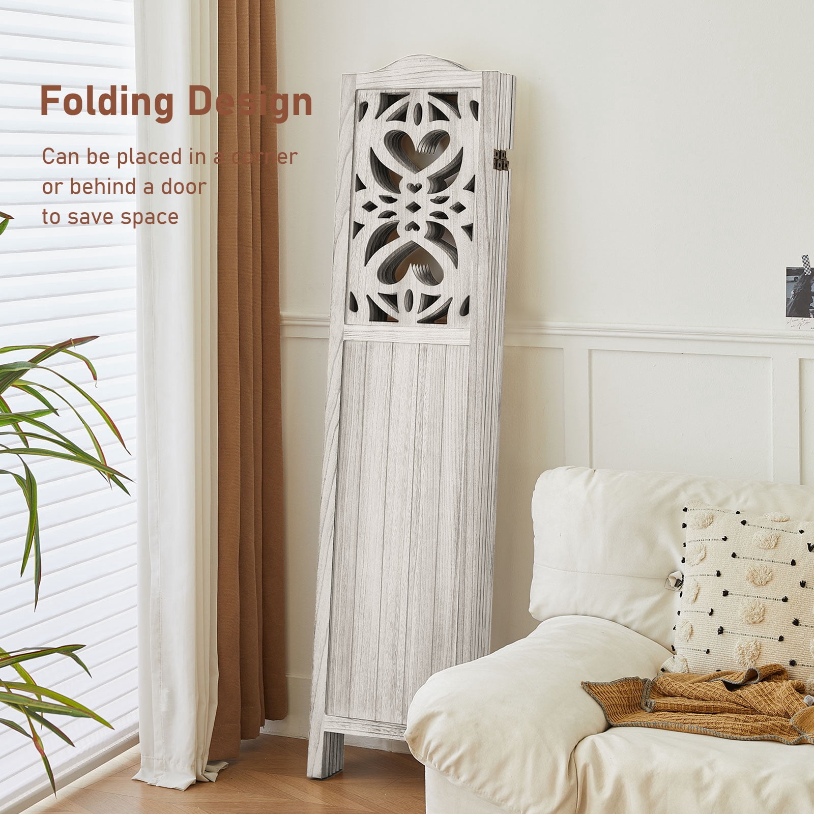 Aleesing 6 Panel Carved Room Divider, 5.6Ft Wood Fold Privace Screen, No Installation Require, White