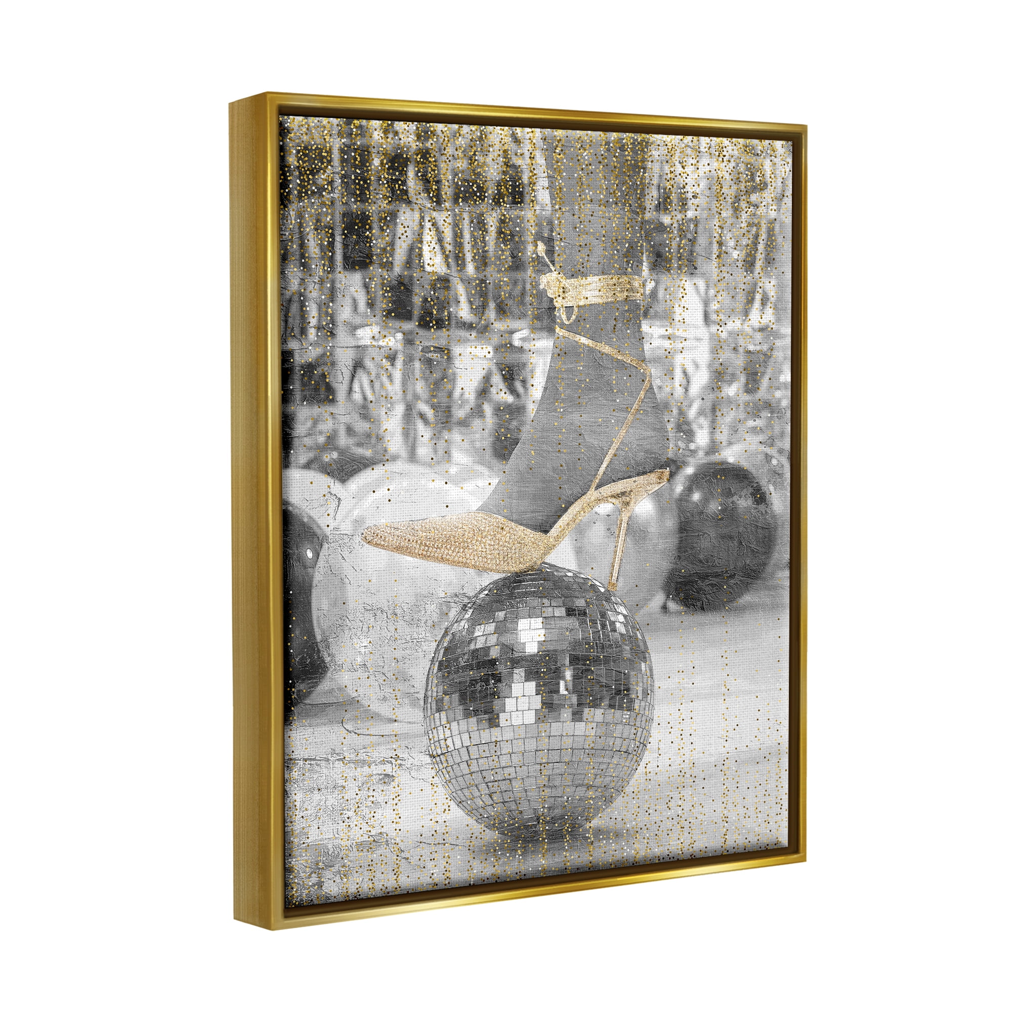 Stupell Industries Glam Heels Disco Ball Performing Arts Painting Gold Floater Framed Canvas Art Print Wall Art, 17 x 21