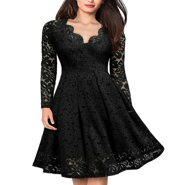 Vestido columpio de encaje floral vintage para mujer, vestido columpio formal de cóctel con cuello en V de manga larga Adepaton BST2000446-6