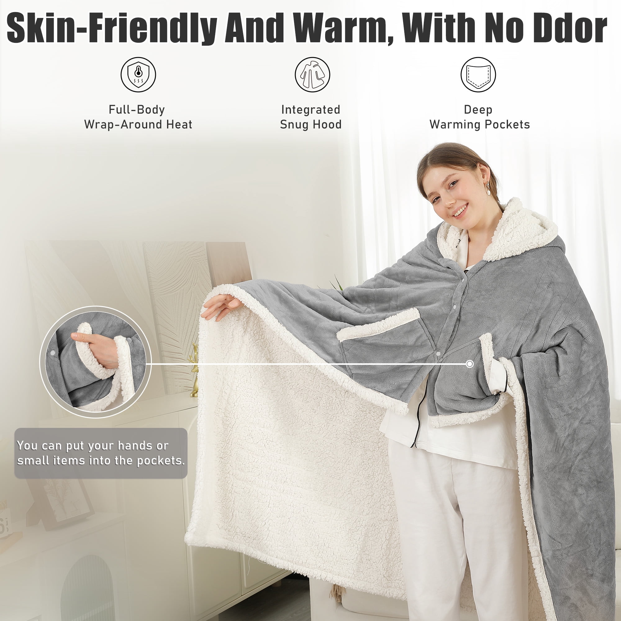 TRUSTWARMTH Wearable Heated Throw Blanket 50"*64", Electric Heated Throw Blanket Wrap Poncho with Hood Pockets, 6 Heating Levels & 4 Hours Time Settings, Machine Washable, Grey