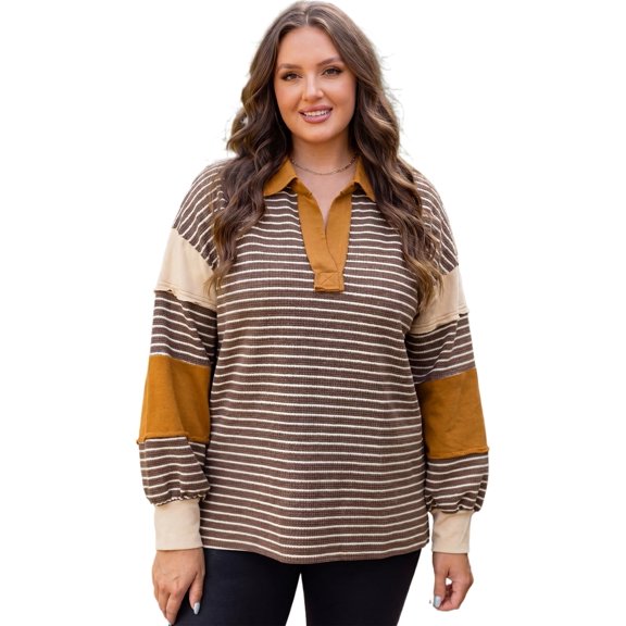 ZhiHiMeRi Women's Brown Striped Top, Casual Patchwork V Neck Pullover 4X