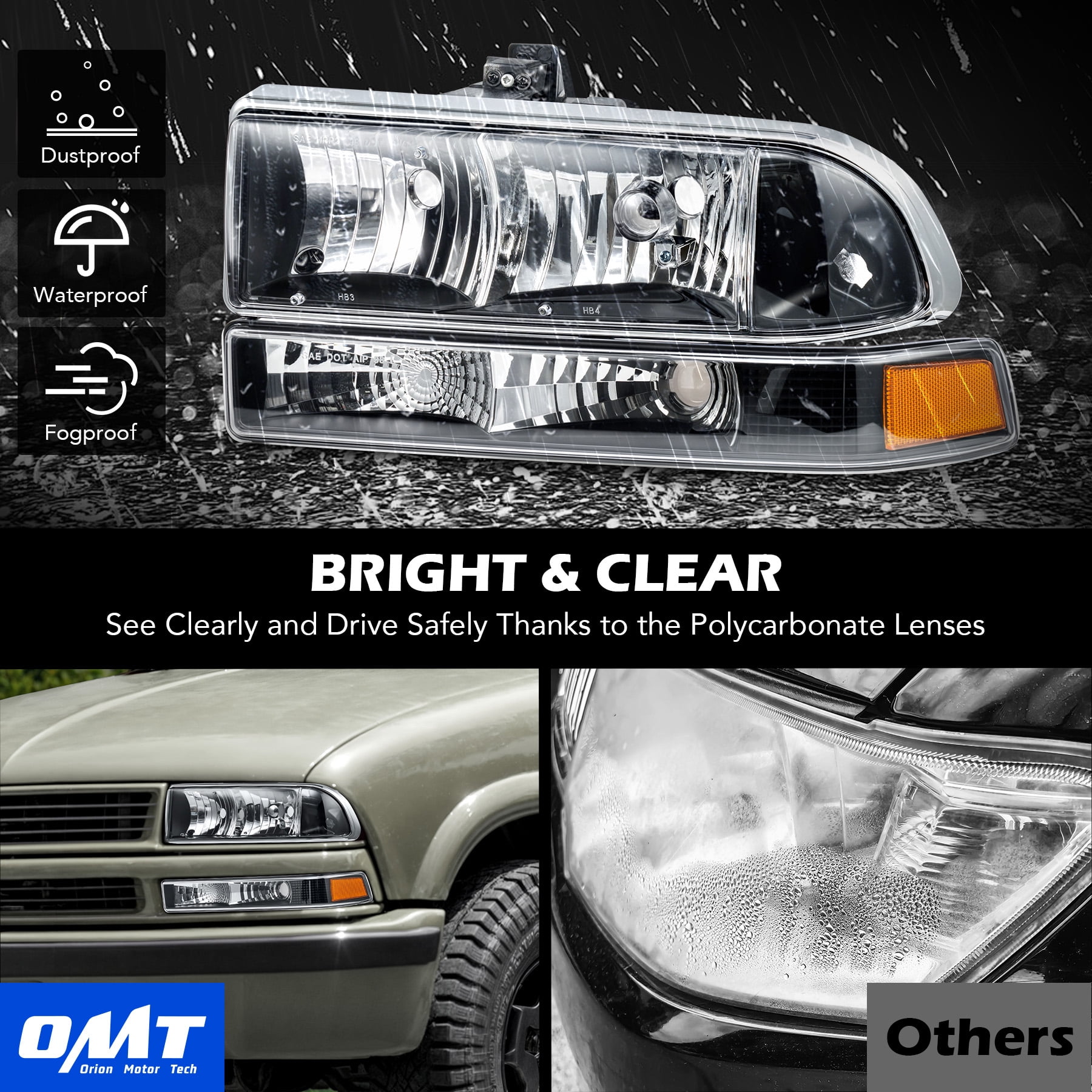 Headlights Bumper Lamps for 1998-2004 Chevy S10 Blazer L & R Replacement Black