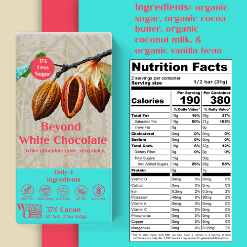 Beyond White Chocolate Bar - Dairy-free | 2.2 Ounce (Pack of 6) | Organic, Low Sugar, 37% Cacao, Plant Based, Dairy Free, Gluten-Free | Single Origin