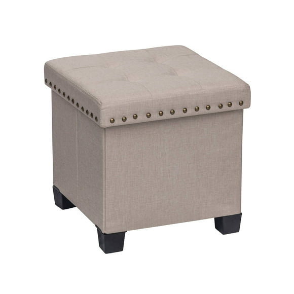 Nathan James Payton Foldable Fabric Ottoman with Wooden Lid, Cube Footstool with Storage Space for Footrest and Seat, Beige