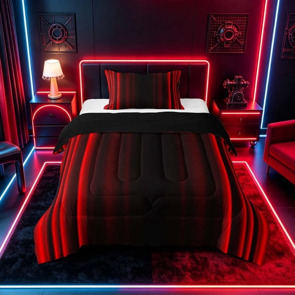meiyoeat Modern Red Striped Twin Comforter Sets, Luxury Dark Gradient Bedding Set for Boys, Red, Black Reversible 2-Piece, 1 Comforter and 1 Pillowcase