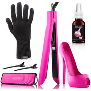 StyleHair 7 in 1 Flat Iron Set with Cinderella Flat Iron Holder, Hair Treatment Serum, Hair Clips, Heat Protectant Case & Gloves - Straightens |Waves|Curls - Pink