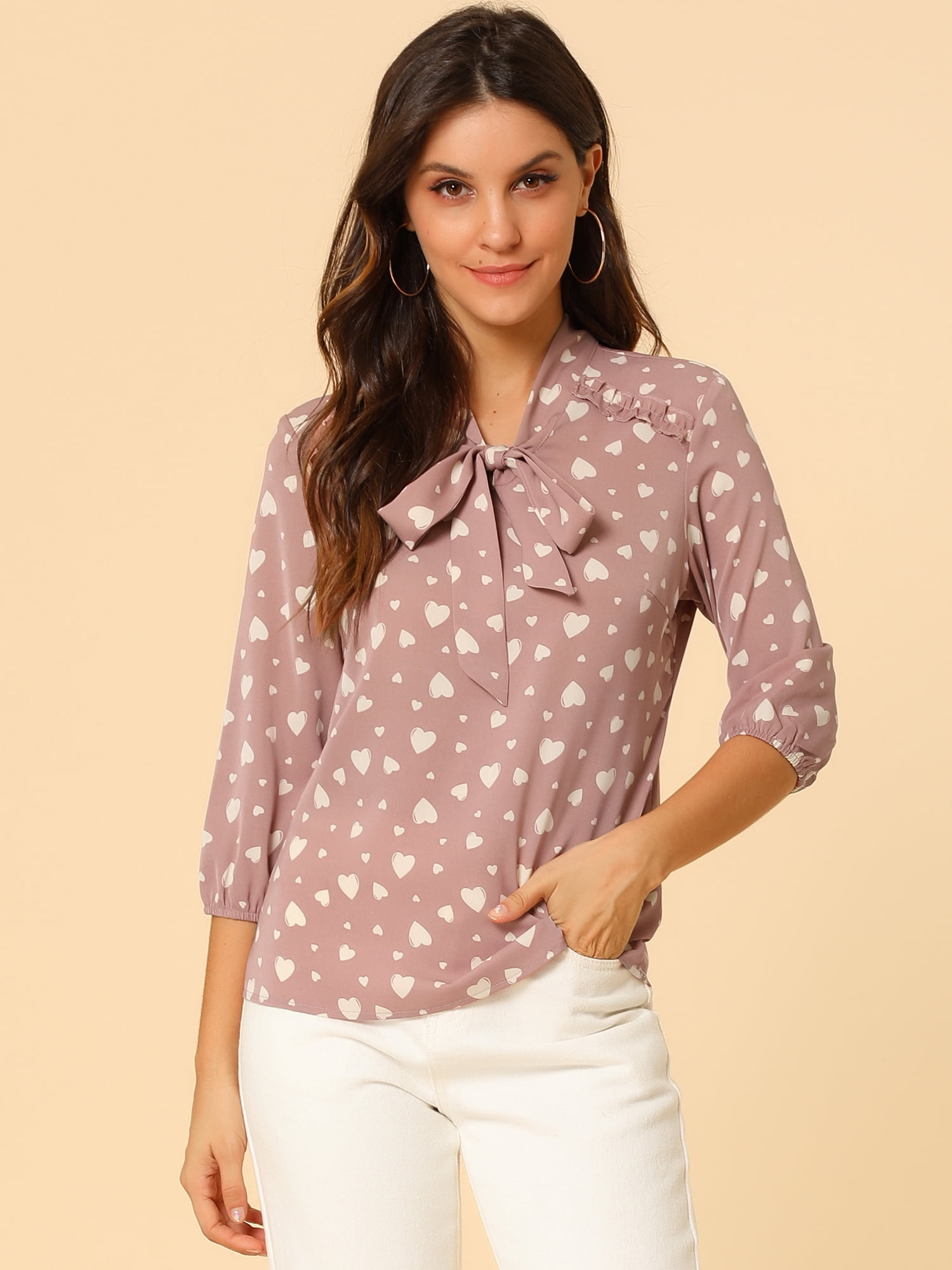 DARING DIVA Ruffle Shoulder Elastic Cuff Bow Tie Neck Blouse L Dusty Pink