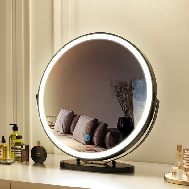 LVSOMT 20" Vanity Makeup Mirror with Lights, 3 Lighting Dimmable LED Mirror, Touch High-Definition Large Round Lighted Up Mirror for Bedroom Table Desk, Black Walmart.com