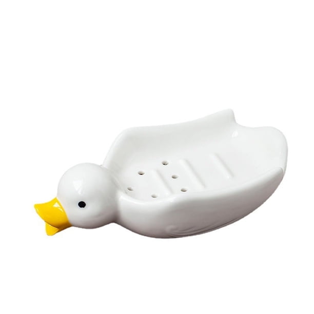 Paquete de 2 jaboneras de cerámica de pato blanco, bonito soporte para jabón en barra, bandeja de jabón autodrenante para animales con drenaje para baño, soporte para esponja