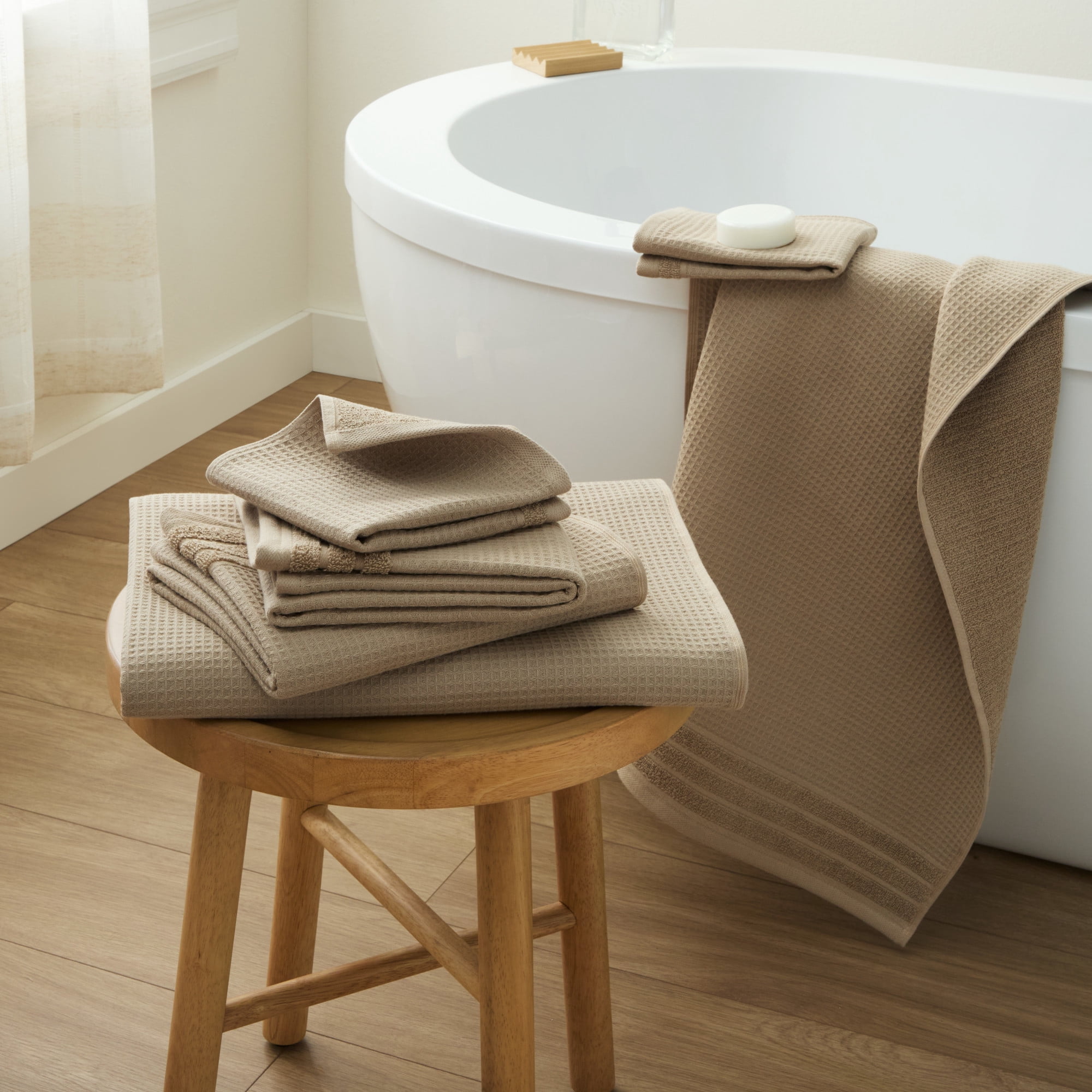 TOWN & COUNTRY BASICS 6-Piece Assorted Waffle Woven Terry Stripe Set, 2 Bath Towel, 2 Hand Towel, 2 Washcloth, 100% Cotton, Quick Dry, Taupe