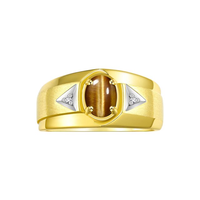 RYLOS Men's Rings Yellow Gold Plated Silver Classic 7X5MM Oval Gemstone & Diamond Ring Tiger Eye November Birthstone Rings For Men, Men's Rings, Silver Rings, Size 12