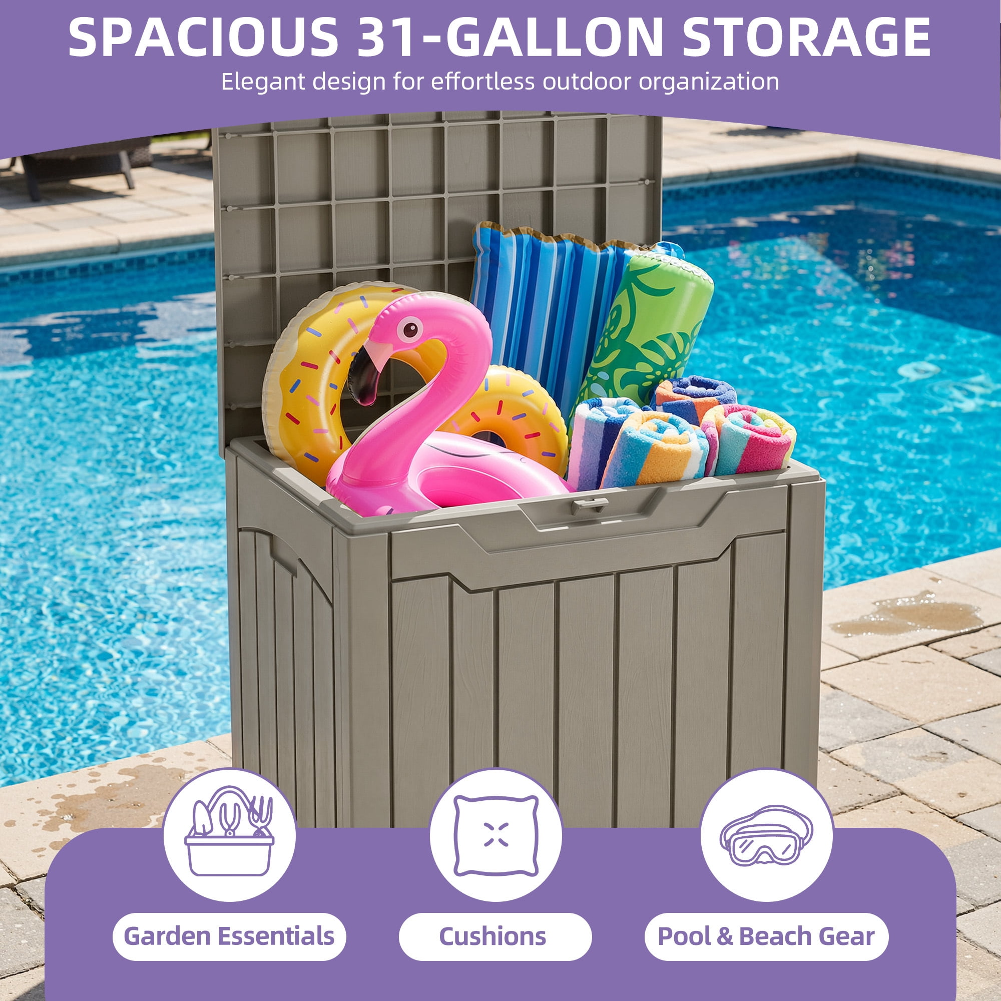 Uforic 31 Gallon Resin Outdoor Deck Box, Waterproof Lockable Storage Box, Multi-Purpose Organizer for Patio Garden Tools Pool Supplies & Package Delivery, Light Brown