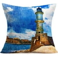 thumbnail image 2 of Lighthouse Pillow Covers Set of 4 Bule Oil Painting Style Summer Beach Nautical Decorative Throw Pillow Cases Cushion Cover Cotton Linen for Outdoor Home Decor 18x18 Inches (Lighthouse Set), 2 of 5