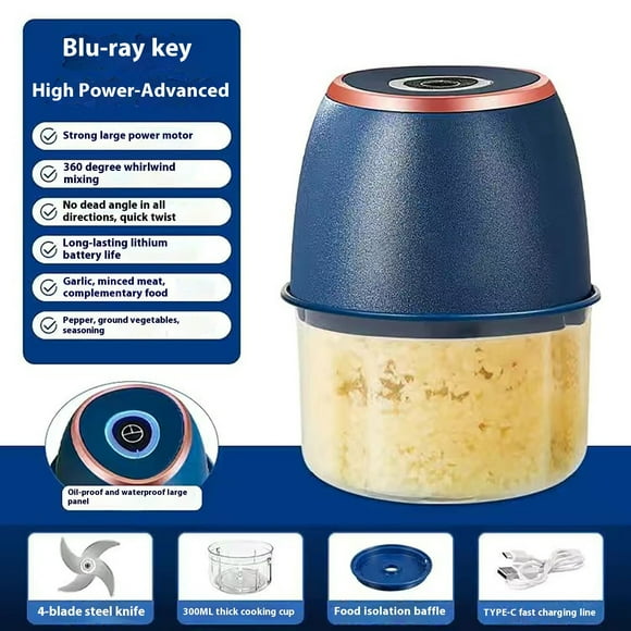 Prensa de ajo eléctrica, picadora de acero inoxidable de 6 cuchillas, batería de 1200 mAh con carga USB para una preparación rápida, agarre antideslizante y fácil limpieza, para cocinar en