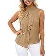 thumbnail image 2 of ClodeEU Women's Pleated Mandarin Collar Sleeveless Button Top ,Solid Color Casual Blouse Khaki,Womens Plus M, 2 of 8