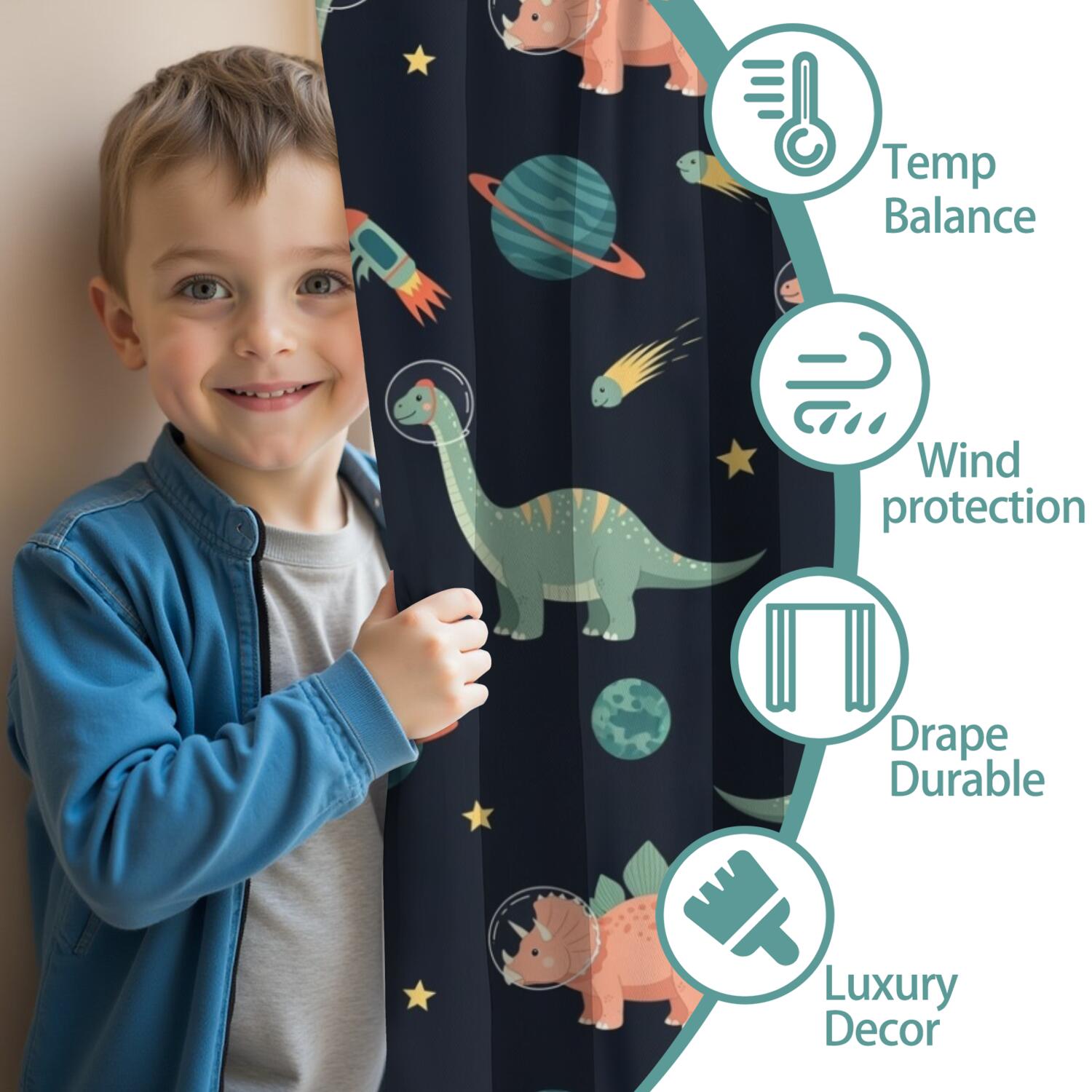 Blackout Kids Curtains,Dark Blue Dinosaurs Space Pattern Childrens Insulated Curtains Set Of 2,Bedroom Essentials,Toddler Room Decor 52"x84"