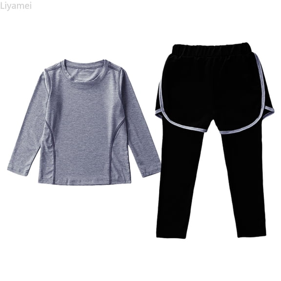 Liyamei Girls Yoga Girls Athletic Leggings Training Set Kids Gym Top Activewear Set Girls Casual Sets Size Gray 3-4 Years