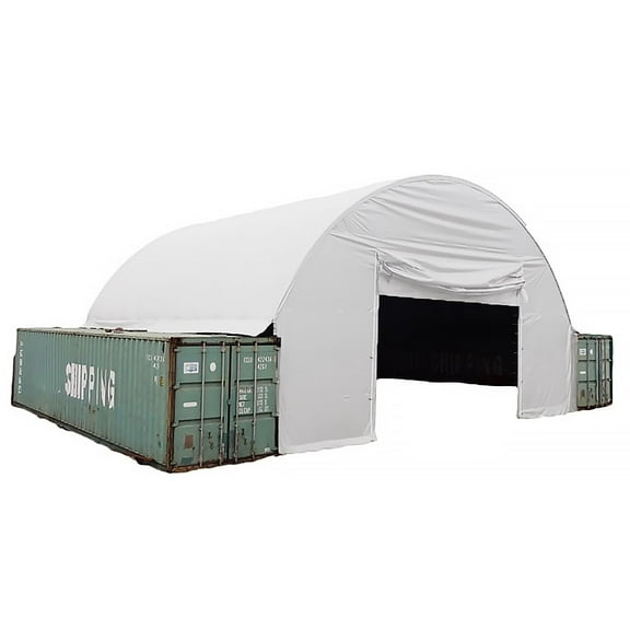 Shipping Container Canopy Shelter Kit - 20'(L) x 26'(W) 21 Oz 610 GSM PVC White Cover Storage Container Roof with 26' Back End Wall & Fabric Roll-up Door - Snow, UV & Weather-Resistant