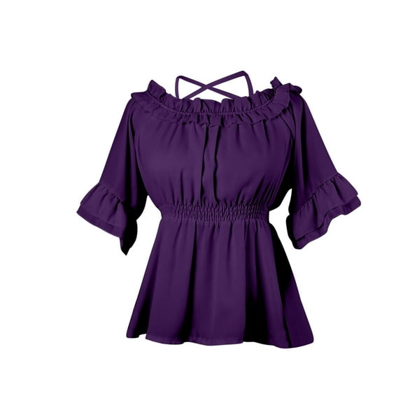 Fjofpr off Shoulder Tops Women Women's Renaissance Shirt off the Shoulder Puff Sleeve Short Sleeve Loose Smocked Blouse Solid Color Blouse